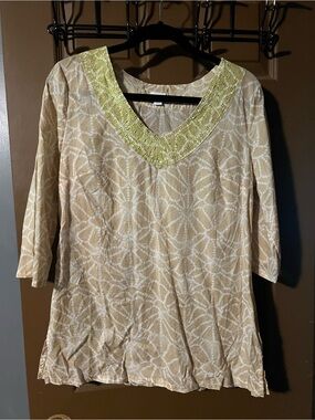 Calypso Tunic Top Womens Medium Beige Tan Cotton Stretch Floral V Neck Boho 80s